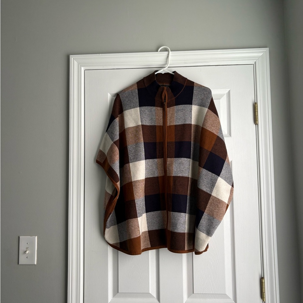 Tahari Brown, Navy & Cream Plaid shawl jacket